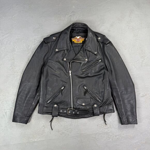 Vintage Harley Davidson Black Pebbled Leather Classic Easy Rider Jacket Men's 44